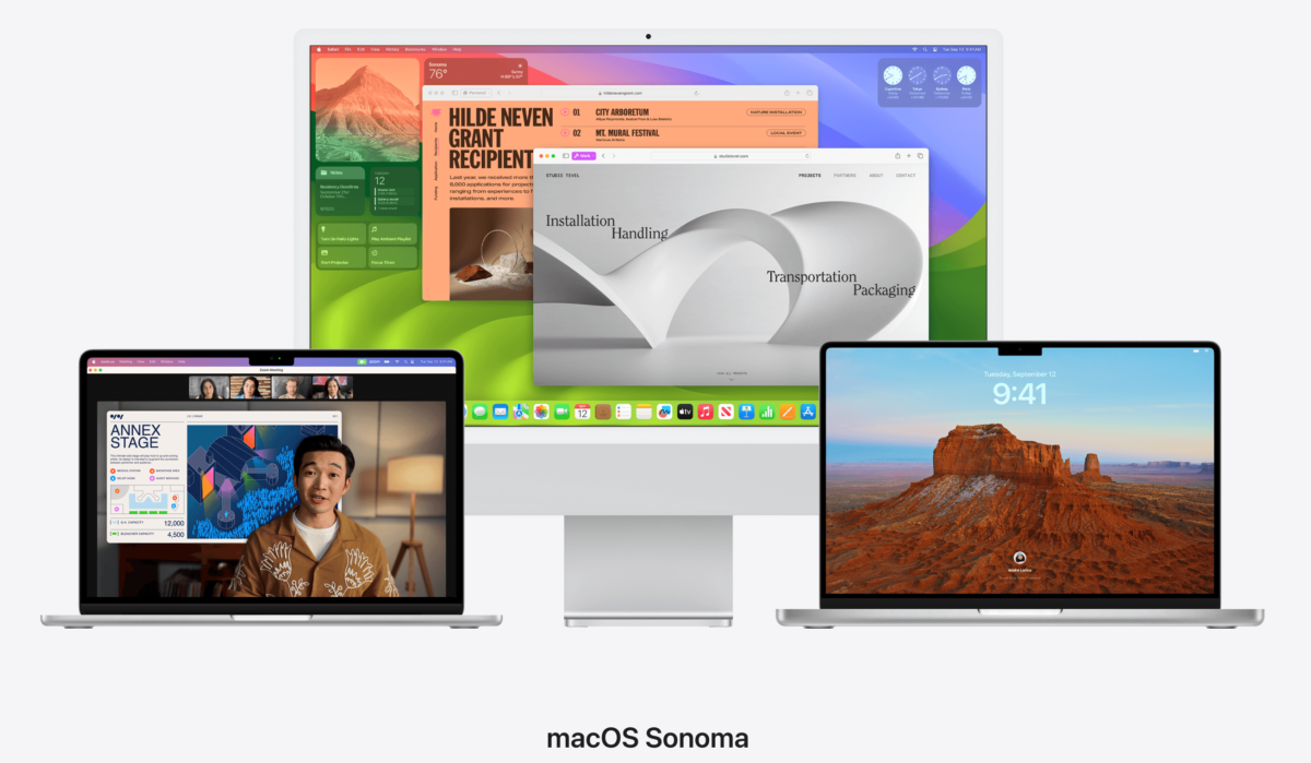 MacOS Sonoma. A lineup of three Mac computers each showing a new feature of macOS Sonoma.